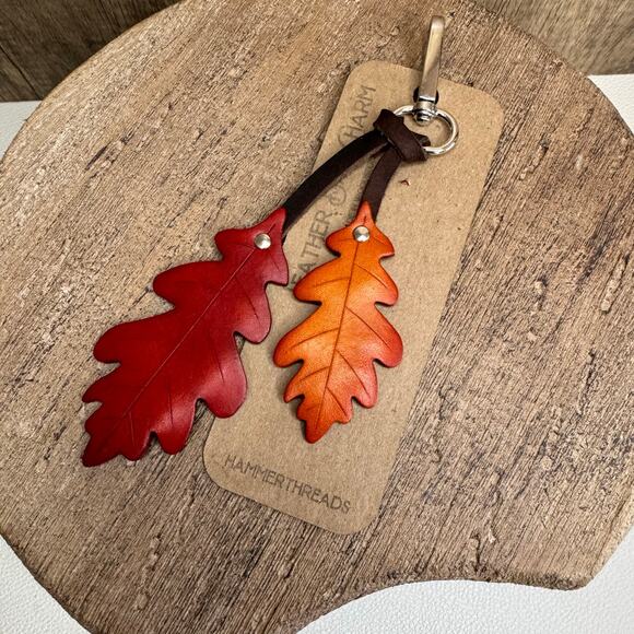 Leather Purse Charm Oak Tree Leaf Bag Charm Genuine Leather Purse Keychain NEW - Picture 3 of 6